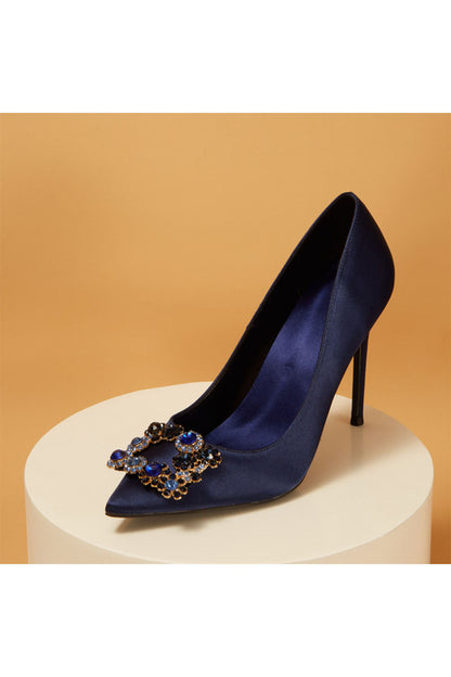 Navy Wedding Satin Pointed Toe Rhinestones Buckle Stiletto Heel Pumps