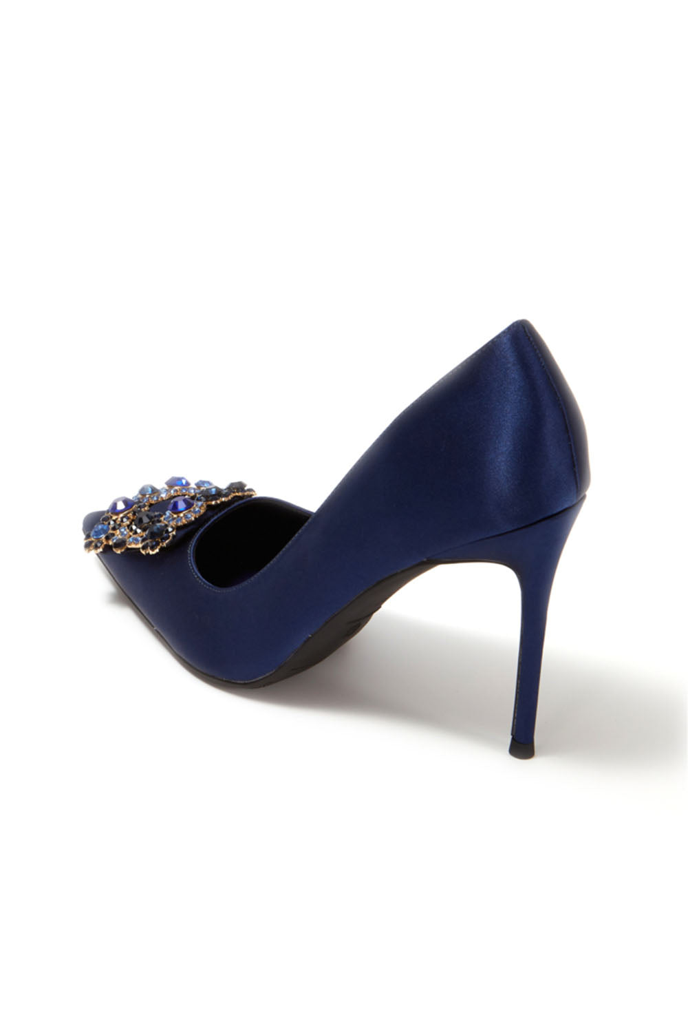 Navy Wedding Satin Pointed Toe Rhinestones Buckle Stiletto Heel Pumps