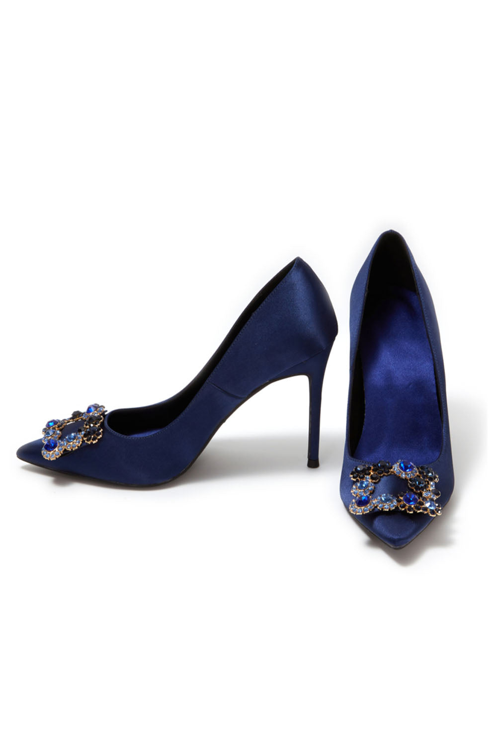 Navy Wedding Satin Pointed Toe Rhinestones Buckle Stiletto Heel Pumps