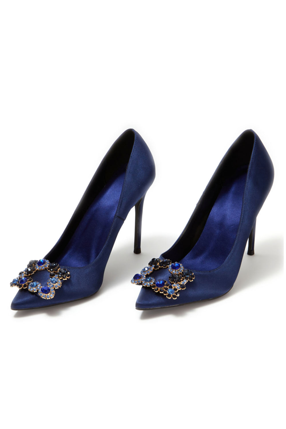 Navy Wedding Satin Pointed Toe Rhinestones Buckle Stiletto Heel Pumps