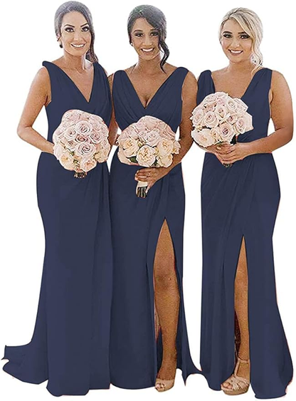 Roycebridal Long V-Neck Chiffon Bridesmaid Dresses Sleeveless Side-Slit