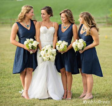 Roycebridal Simple Satin V Neck Navy Blue Short Bridesmaid Dresses with Pockets