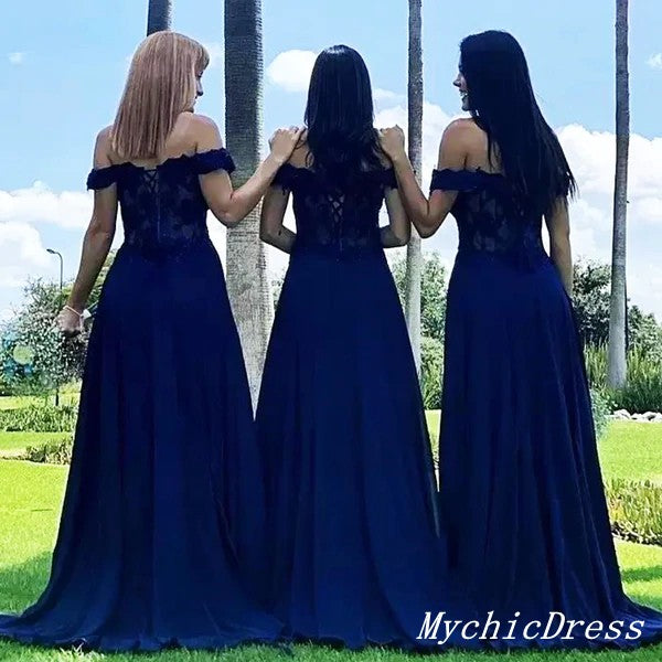 Roycebridal Off the Shoulder Lace Navy Blue Bridesmaid Dresses Sequins Wedding Guest Dress