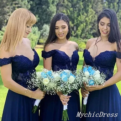 Roycebridal Off the Shoulder Lace Navy Blue Bridesmaid Dresses Sequins Wedding Guest Dress