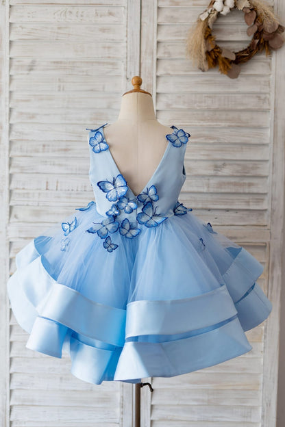 V Neck Blue Satin Butterfly Wedding Flower Girl Dress with 