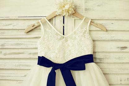 V Neck Ivory Lace Tulle Flower Girl Dress with Navy Blue 