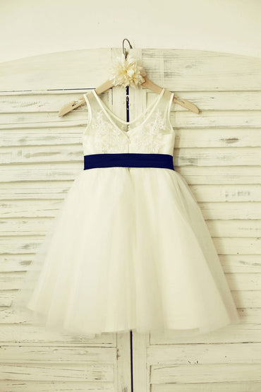 V Neck Ivory Lace Tulle Flower Girl Dress with Navy Blue 