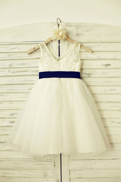 V Neck Ivory Lace Tulle Flower Girl Dress with Navy Blue 