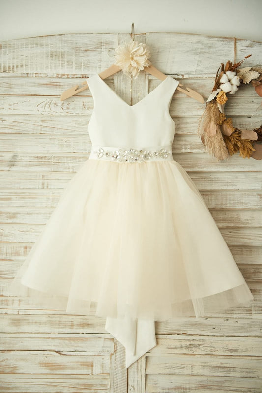 V Neck Ivory Satin Champagne Tulle Wedding Flower Girl Dress