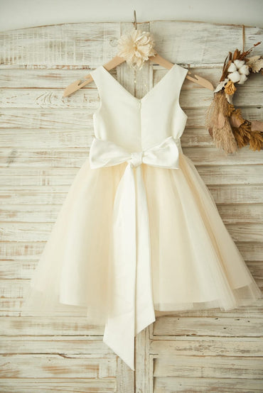 V Neck Ivory Satin Champagne Tulle Wedding Flower Girl Dress