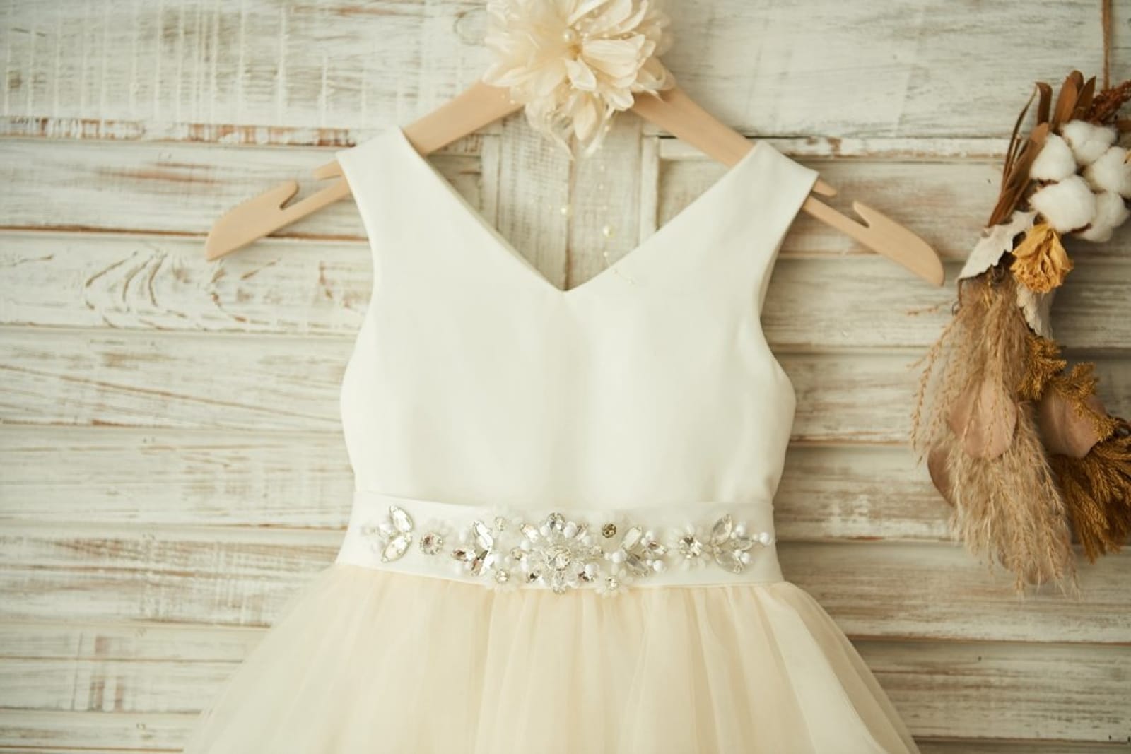 V Neck Ivory Satin Champagne Tulle Wedding Flower Girl Dress