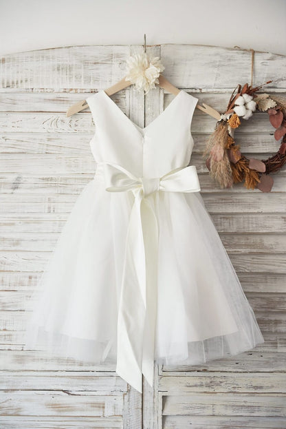 V Neck Ivory Satin Champagne Tulle Wedding Flower Girl Dress