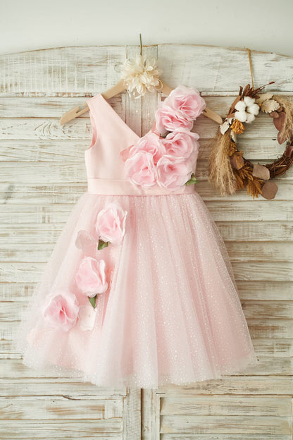 V Neck Pink Satin Tulle Wedding Party Flower Girl Dress