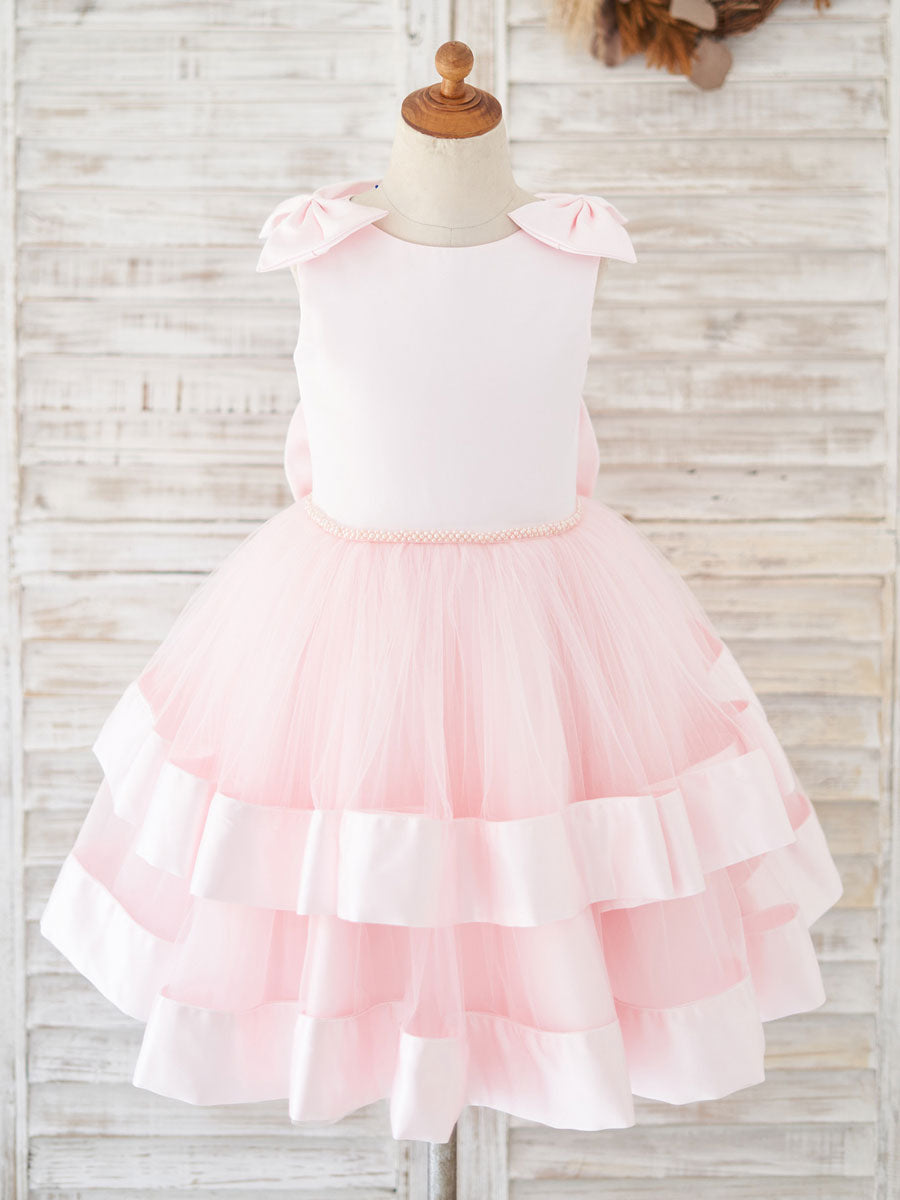 New Jewel Neck Sleeveless Sash Pink Kids Party Dresses-showprettydress