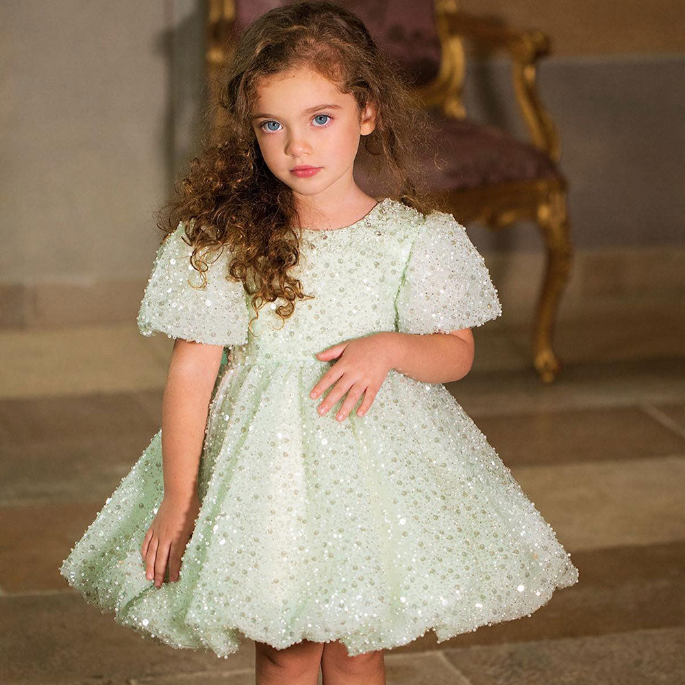 Roycebridal Luxury Elegant Shiny Sage Girl Dress Bow Princess Baby Kids Wedding Birthday Party Gown First Communion Pageant J156