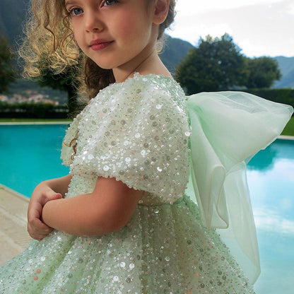 Roycebridal Luxury Elegant Shiny Sage Girl Dress Bow Princess Baby Kids Wedding Birthday Party Gown First Communion Pageant J156