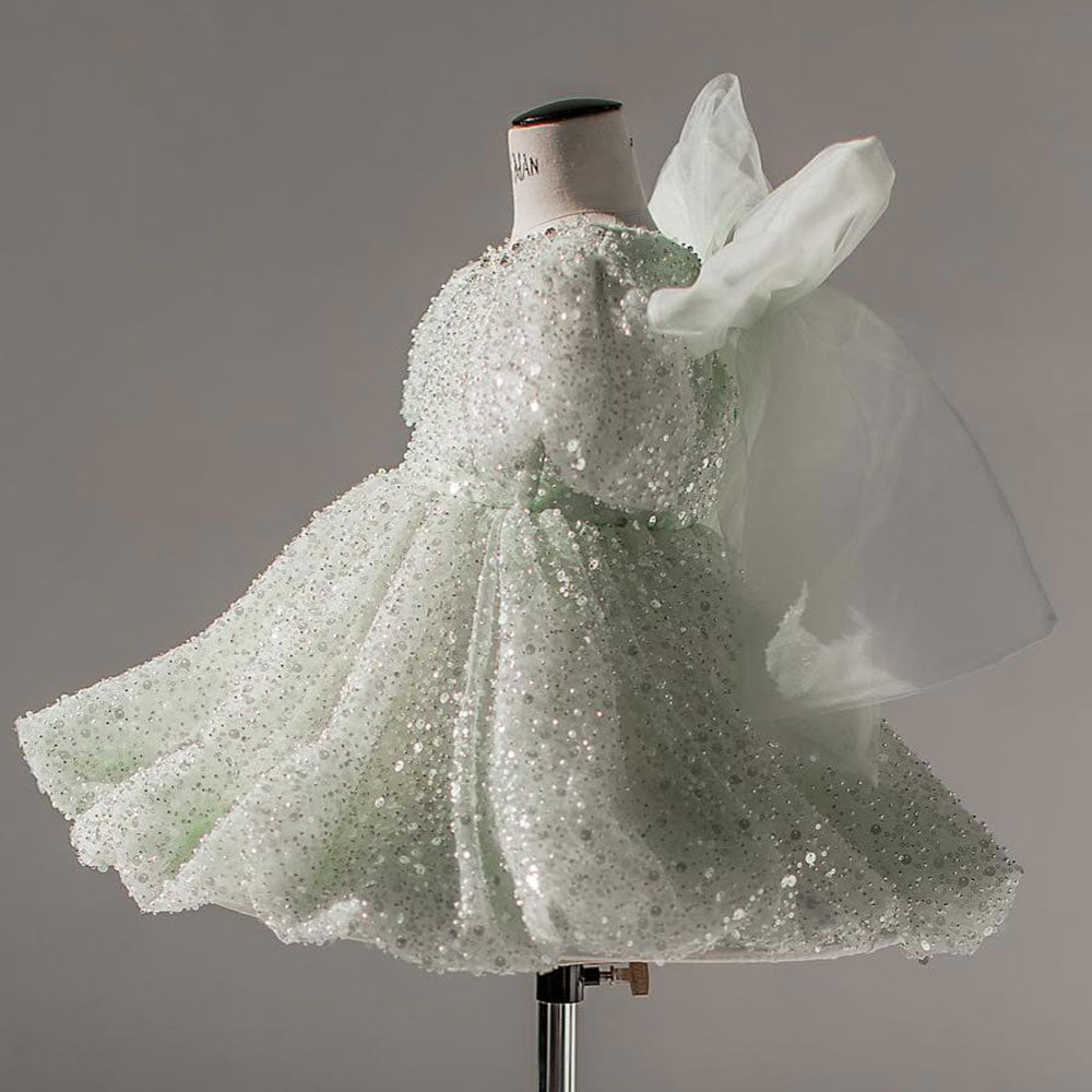 Roycebridal Luxury Elegant Shiny Sage Girl Dress Bow Princess Baby Kids Wedding Birthday Party Gown First Communion Pageant J156