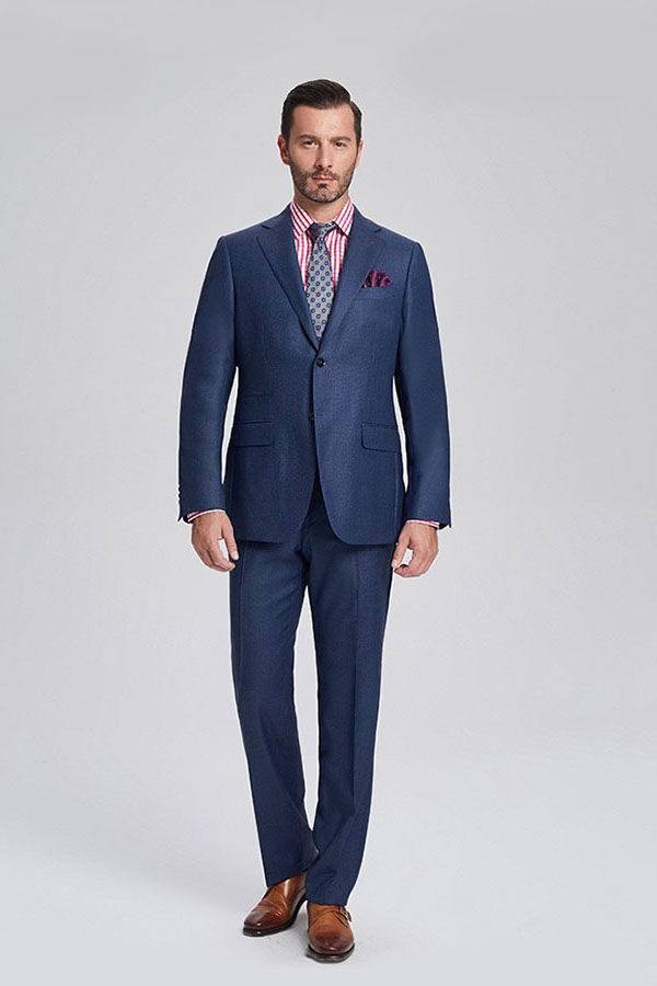 Notch Lapel Flap Pocket Navy Blue Mens Business Suits-showprettydress