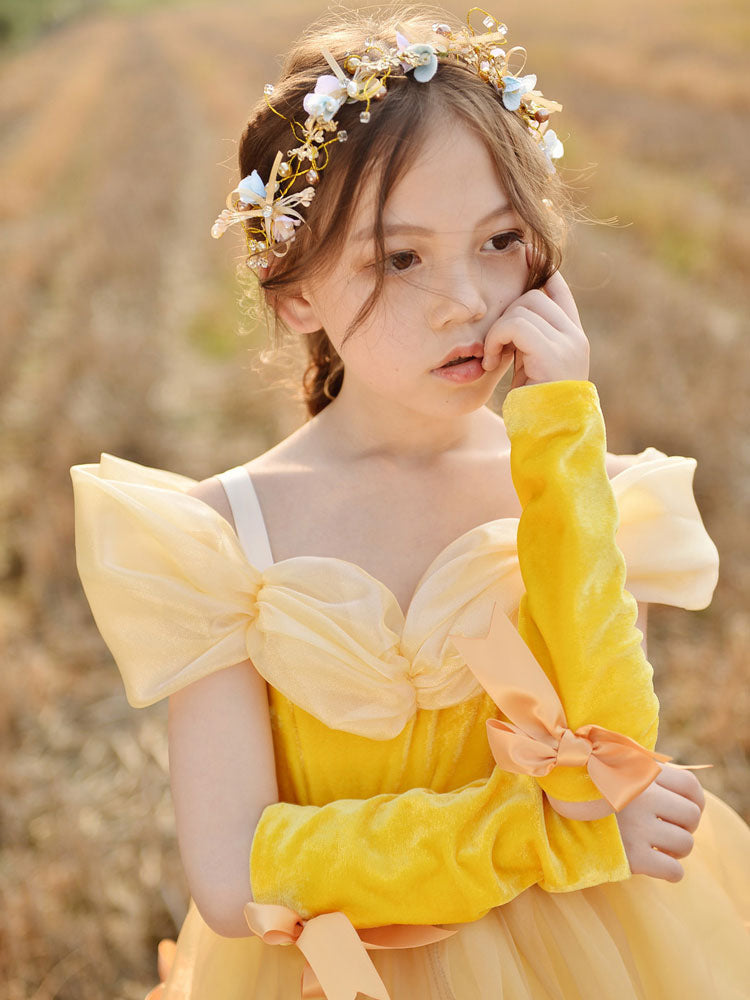 Off The Shoulder Korean Velvet Sleeveless Ankle Length A-line Pleated Formal Kids Princess Dresses-showprettydress