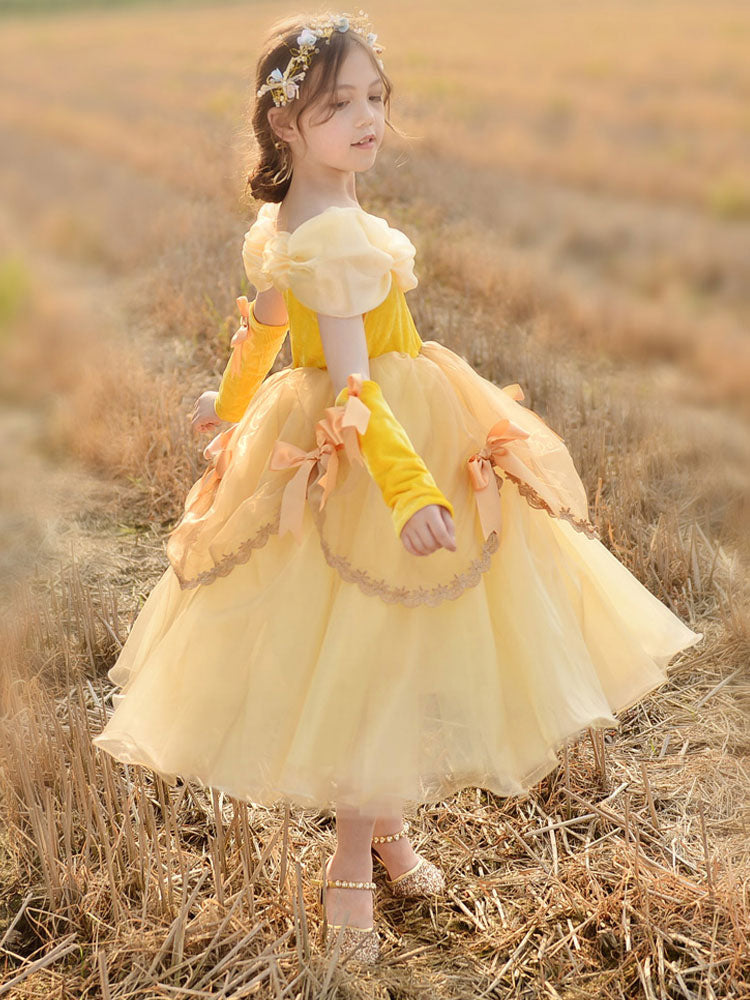 Off The Shoulder Korean Velvet Sleeveless Ankle Length A-line Pleated Formal Kids Princess Dresses-showprettydress