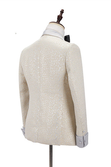 Off White Shawl Lapel Slim Fit Jacquard Bespoke Wedding Suits-showprettydress