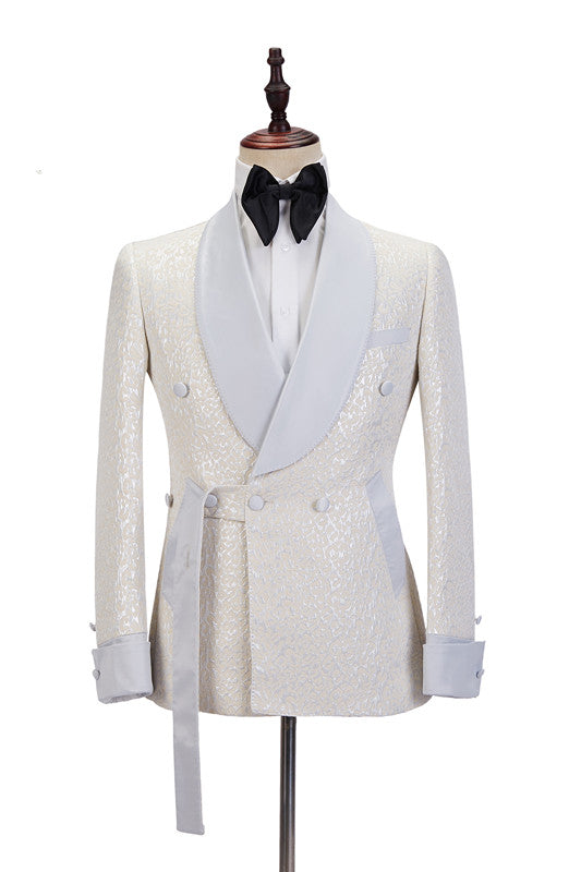 Off White Shawl Lapel Slim Fit Jacquard Bespoke Wedding Suits-showprettydress