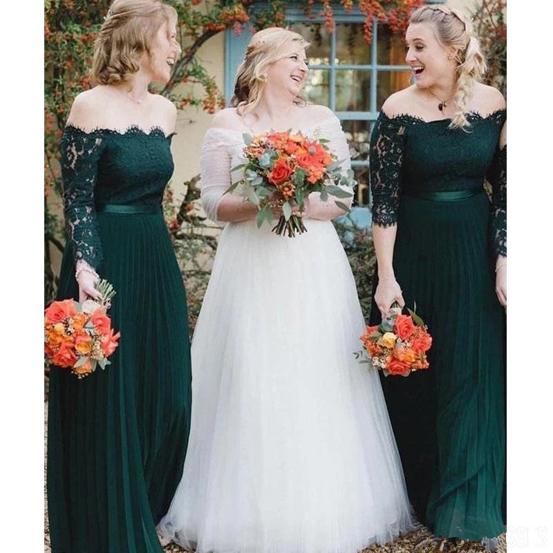 Roycebridal Hot Sale Off Shoulder Dark Green Lace Bridesmaid Dresses Half Sleeves