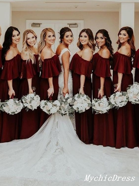 Roycebridal Cheap Long Off the Shoulder Burgundy Chiffon Boho Bridesmaid Dresses