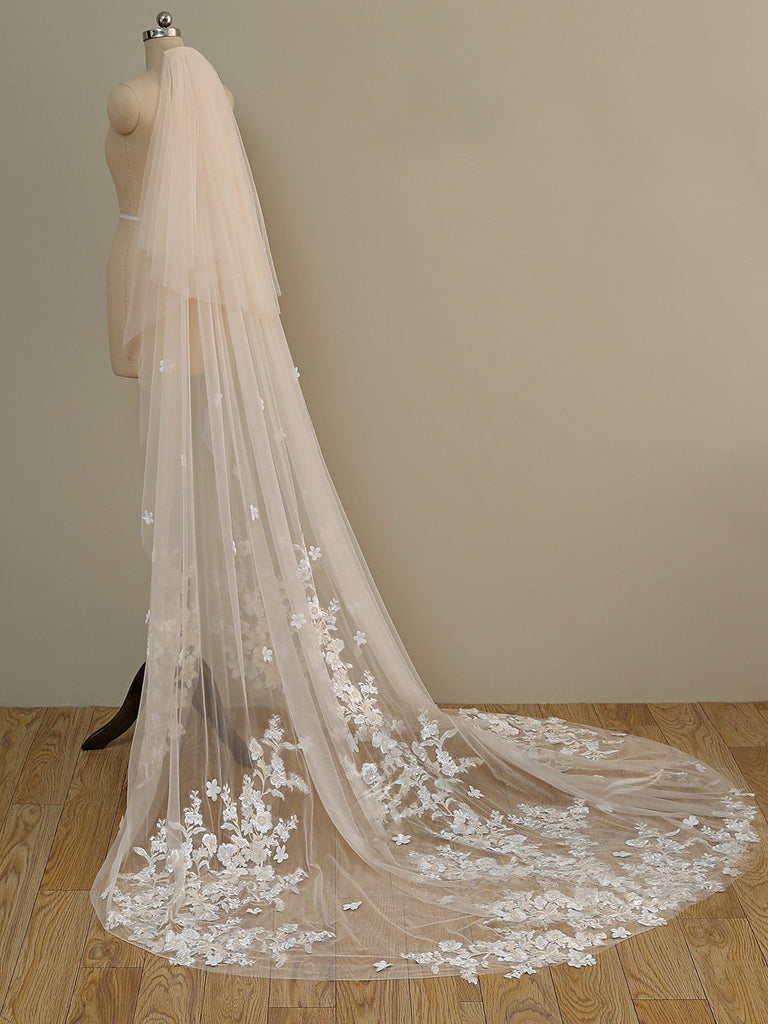 Roycebridal Ombre Champagne Floral Lace Ivory Cathedral Veil with Blusher Bridal Veil Wedding Veil