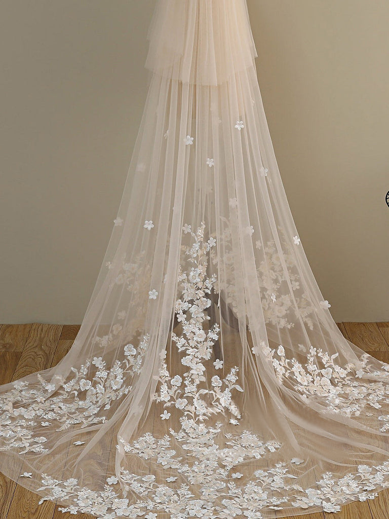 Roycebridal Ombre Champagne Floral Lace Ivory Cathedral Veil with Blusher Bridal Veil Wedding Veil