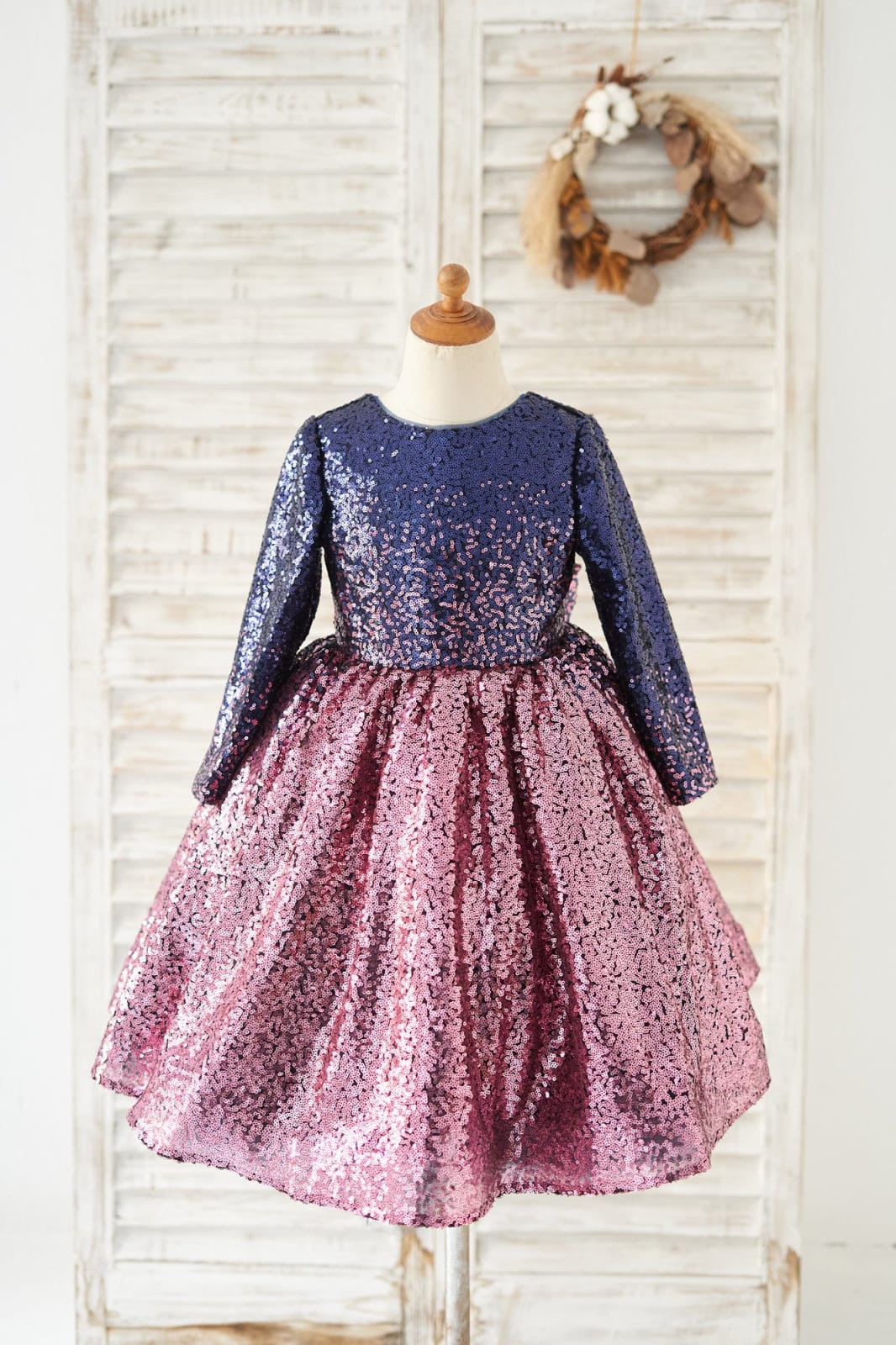 Ombre Navy Pink Sequin V Back Wedding Flower Girl Dress with