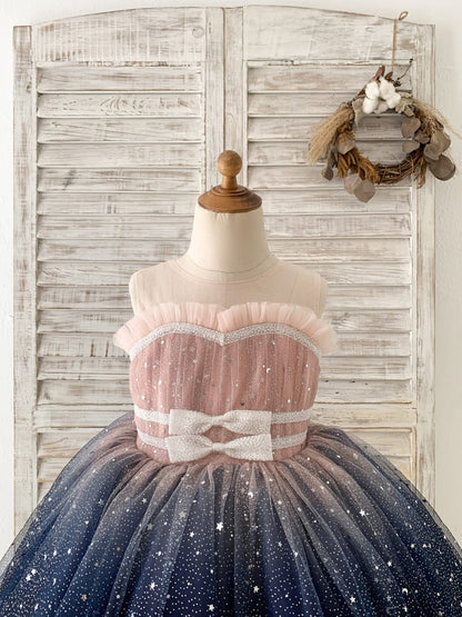 Ombre Pink / Navy Star Tulle Wedding Flower Girl Dress Kids 