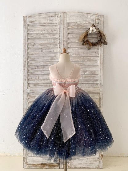 Ombre Pink / Navy Star Tulle Wedding Flower Girl Dress Kids 