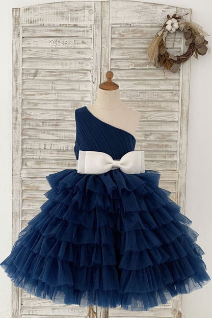 One Shoulder Navy Blue Cupcake Tulle Wedding Flower Girl 