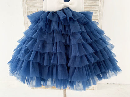 One Shoulder Navy Blue Cupcake Tulle Wedding Flower Girl 