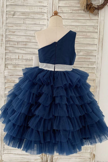 One Shoulder Navy Blue Cupcake Tulle Wedding Flower Girl 