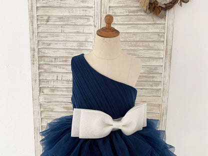 One Shoulder Navy Blue Cupcake Tulle Wedding Flower Girl 