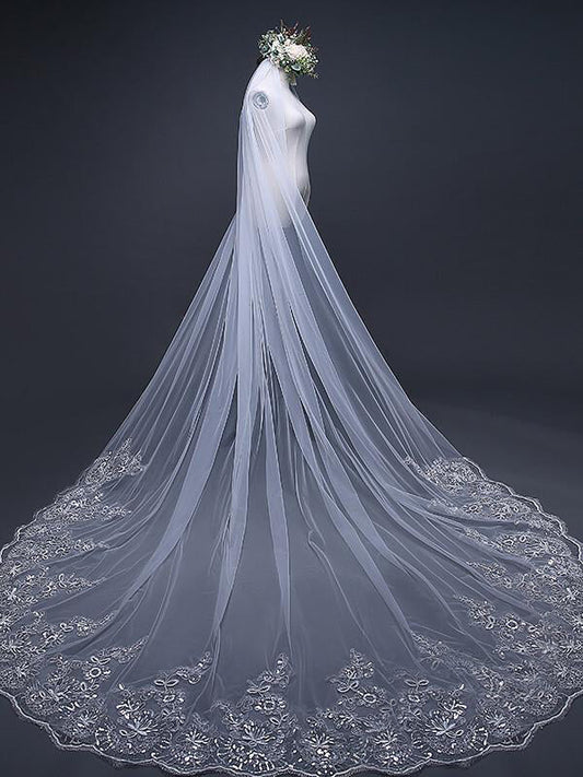 Roycebridal One Tier Cathedral Wedding Veils with Lace Applique