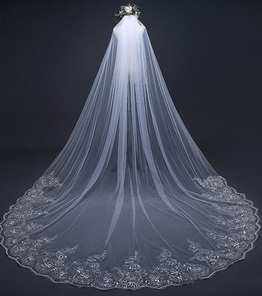 Roycebridal One Tier Cathedral Wedding Veils with Lace Applique