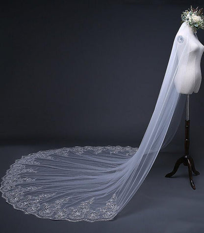 Roycebridal One Tier Cathedral Wedding Veils with Lace Applique