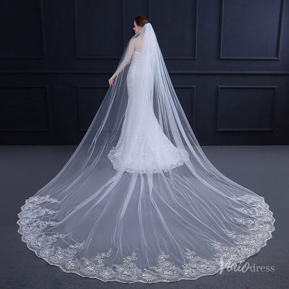 One Tier Lacy Extra Long Veil Viniodress TS18010-Veils-Viniodress-Viniodress