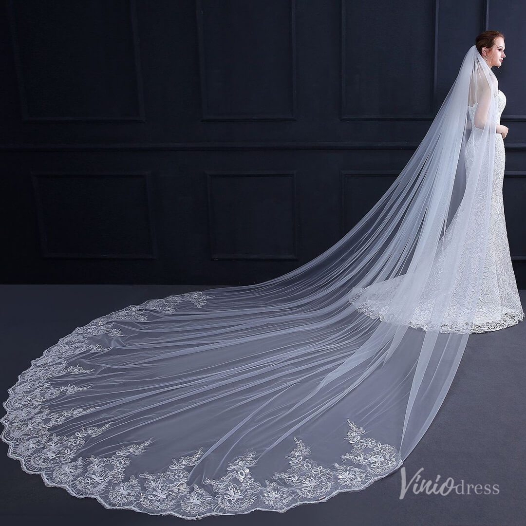 One Tier Lacy Extra Long Veil Viniodress TS18010-Veils-Viniodress-Viniodress