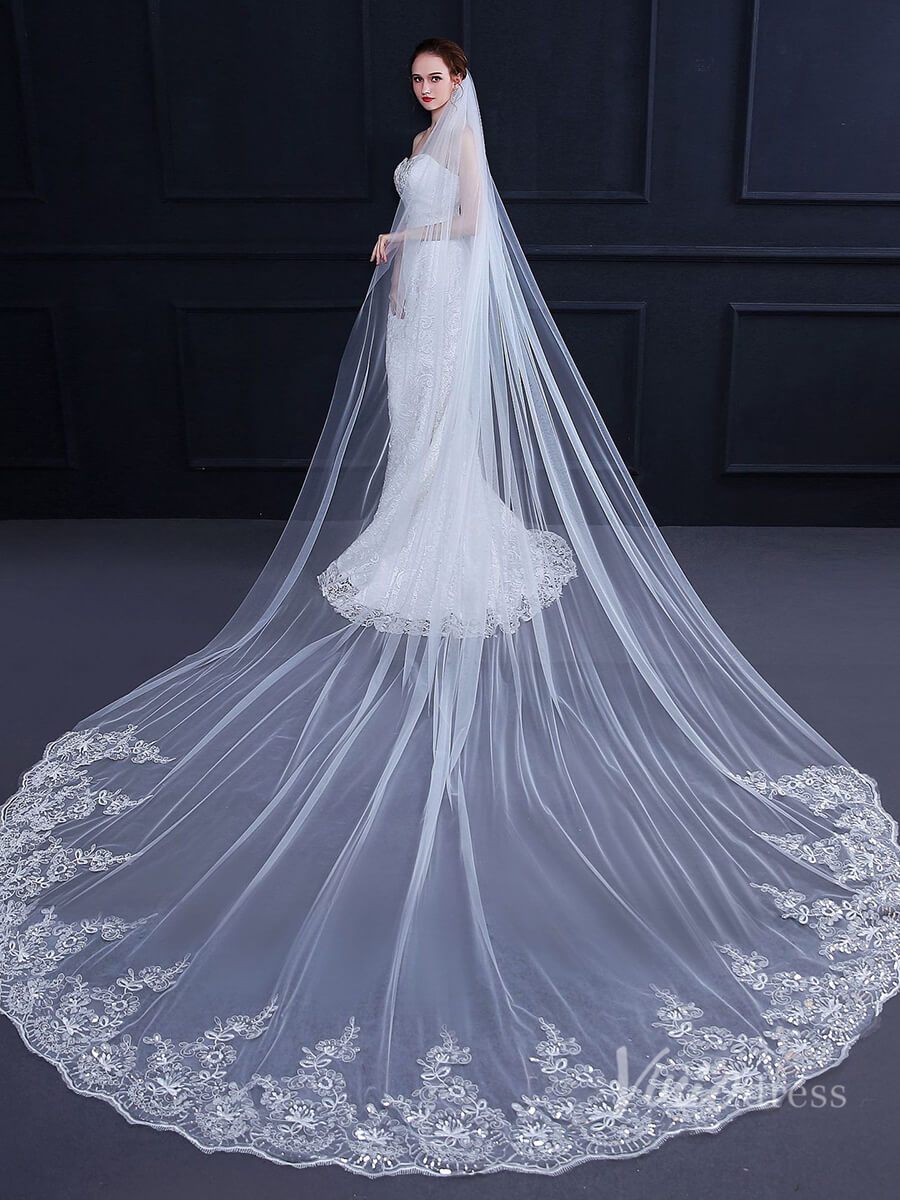 One Tier Lacy Extra Long Veil Viniodress TS18010-Veils-Viniodress-Viniodress