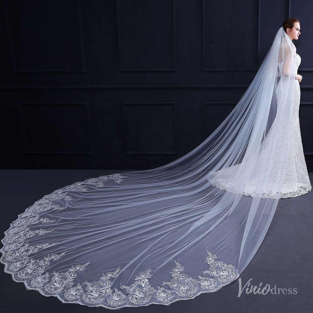 One Tier Lacy Extra Long Veil Viniodress TS18010-Veils-Viniodress-Viniodress