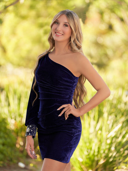 Opal | Navy Blue Sheath One-Shoulder Long Sleeve Homecoming Dress