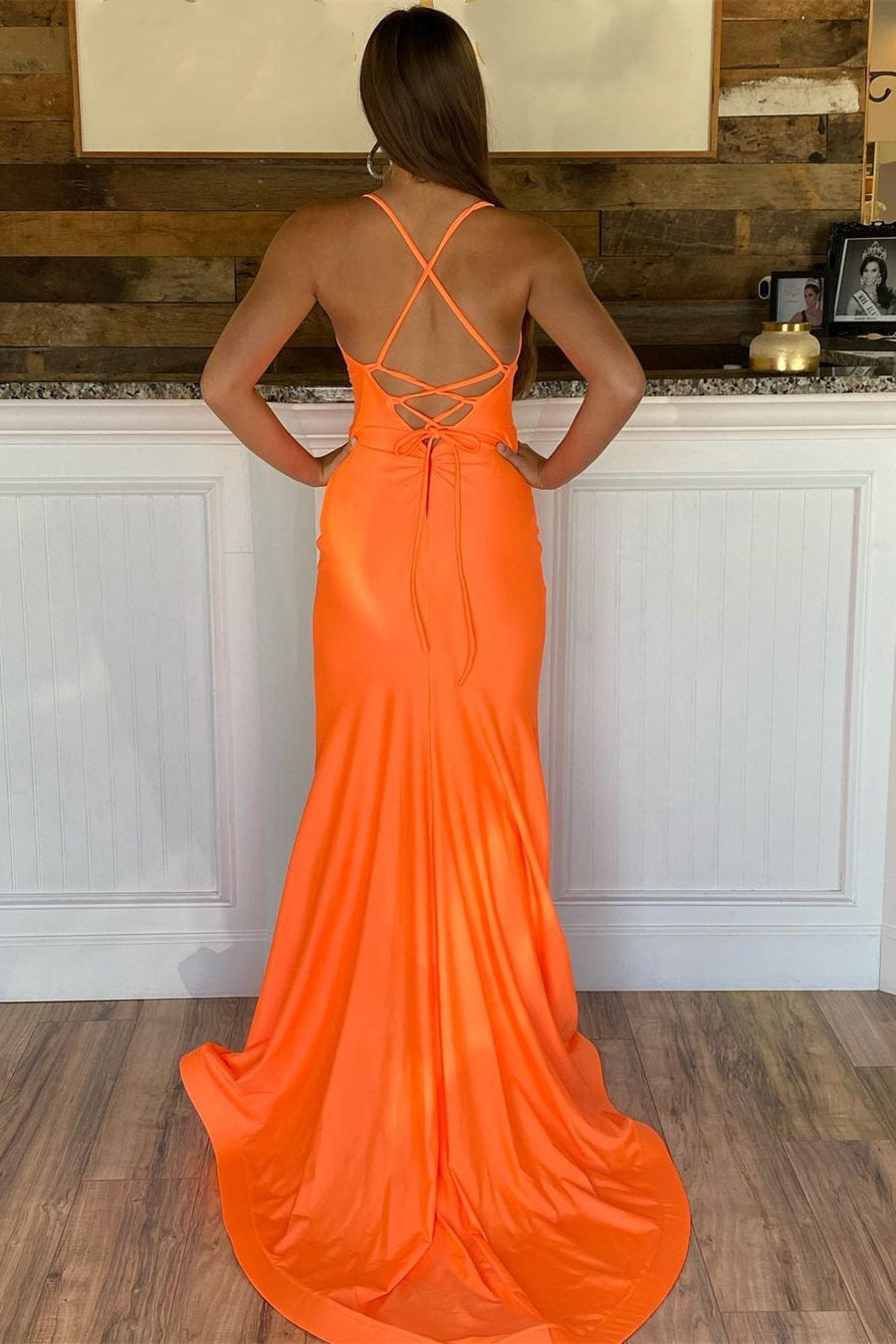 Roycebridal Orange Straps Satin Mermaid Long Prom Dress