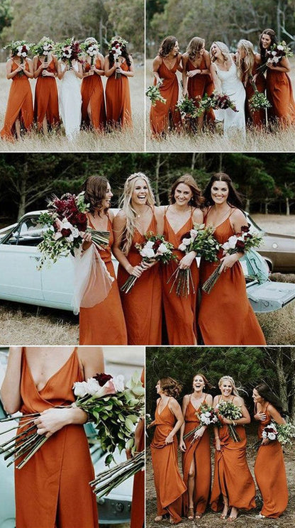 Roycebridal Simple Sleeveless V Neck Burnt Orange Bridesmaid Dresses