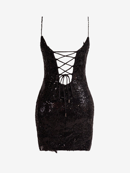 Orla | Black Sheath Spaghetti Straps Sequined Lace Homecoming Dress