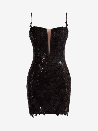 Orla | Black Sheath Spaghetti Straps Sequined Lace Homecoming Dress