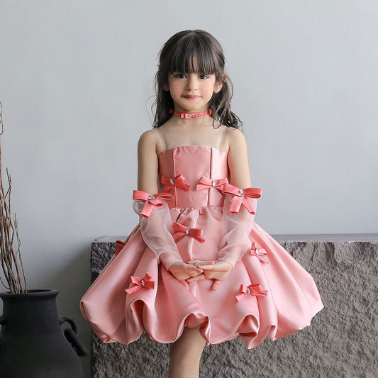 Roycebridal Elegant Pink Arabic Flower Girl Dresses with Glove Dubai Backless for Kids Wedding Birthday Holiday Party Gown J100